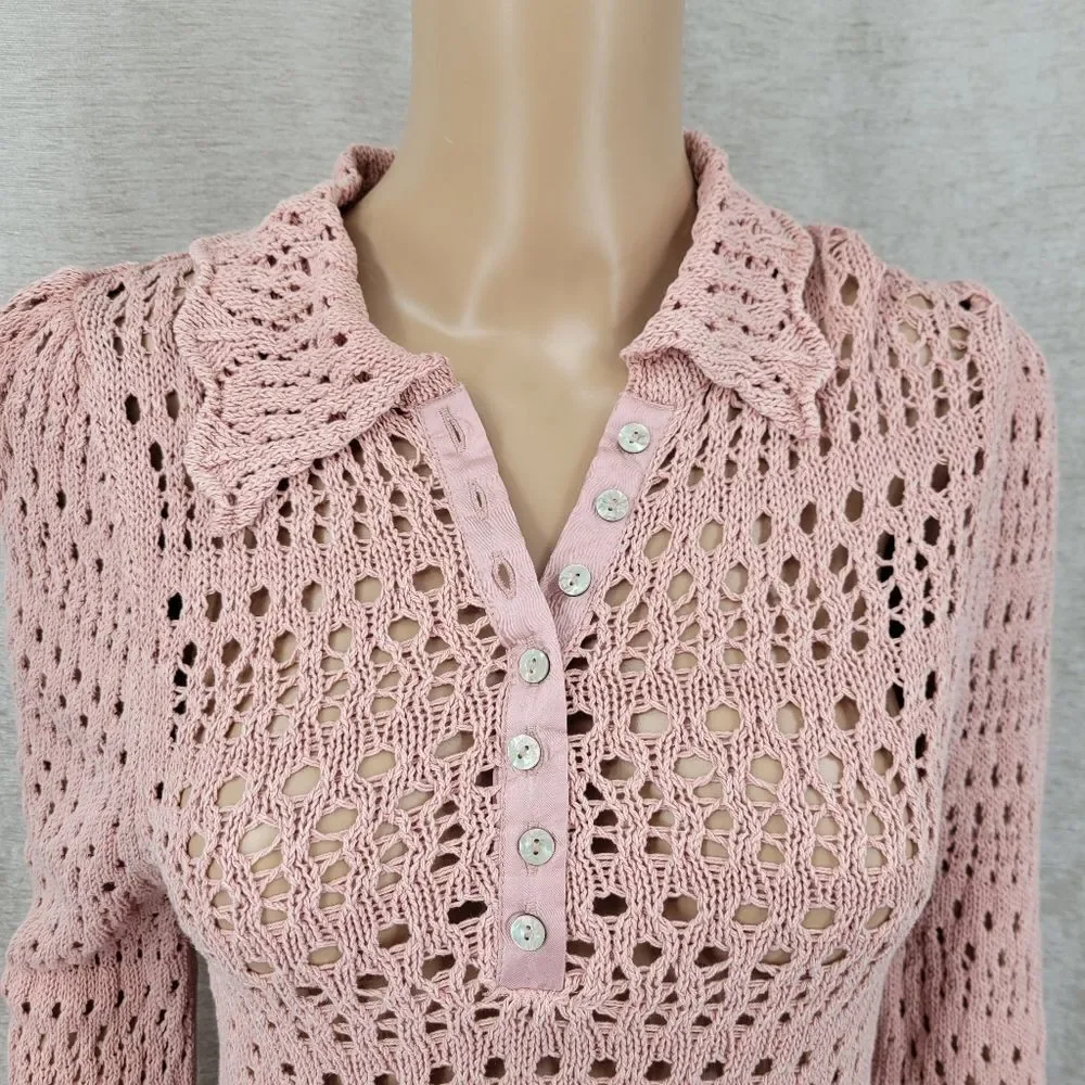 Free People Pointelle Pullover Mauve Rose Pink Crochet Button Up Women's Top NEW